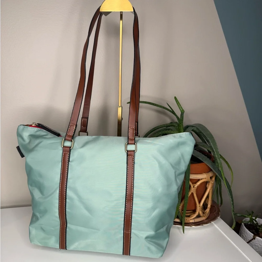 Dooney & Bourke Mint Nylon Shopper Tote + Pouch Leather Trim Stripe Lining - Picture 3 of 13